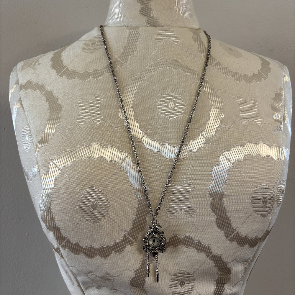 Filigree Clock Pendant Necklace Antiqued Silver Tone